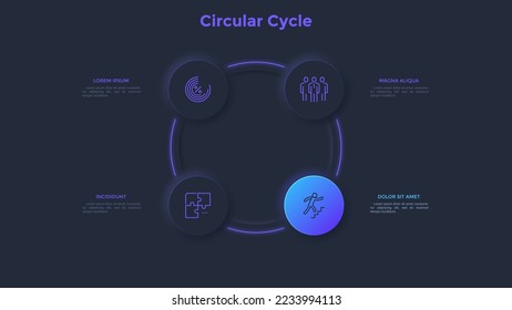 Cyclic diagram with four round elements glowing in darkness. Concept of 4 stages of marketing strategy. Realistic dark infographic design template. Modern vector illustration for data visualization.