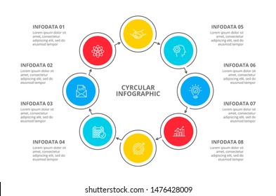 Cyclic diagram infographic with circles. Modern infographic design template with 8 options, steps or parts. Flat vector illustration for business presentation.