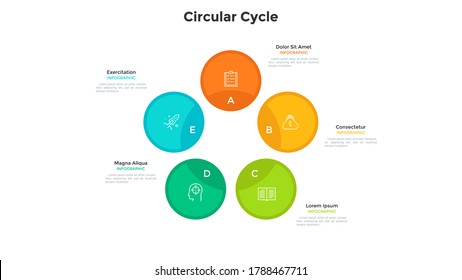 Cyclic diagram or scheme with 5 colorful circular elements. Concept of five stages of business cycle. Modern flat infographic design template. Simple vector illustration for presentation, banner.