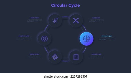 Cyclic diagram with six round elements glowing in darkness. Concept of 6 stages of marketing strategy. Realistic dark infographic design template. Modern vector illustration for data visualization.