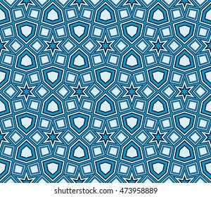 Cyclic geometrical pattern of pentagons in the shape of stars. Seamless vector illustration. Blue color. For the interior design, wallpaper, printing, textile industry.