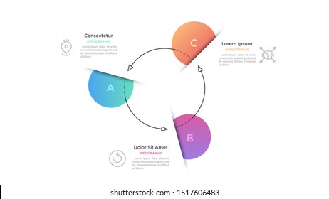 Cyclic graph with 3 circular gradient colored elements and paper slits connected by arrows. Concept of three stages of closed business cycle. Flat infographic design template. Vector illustration.