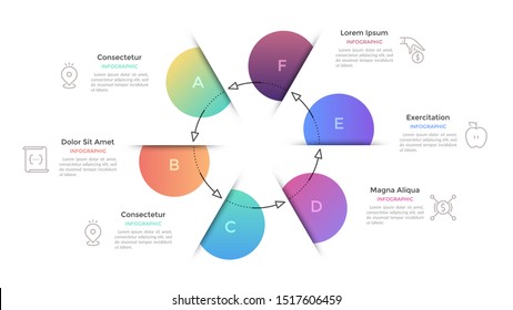 Cyclic graph with 6 circular gradient colored elements and paper slits connected by arrows. Concept of six stages of closed business cycle. Flat infographic design template. Vector illustration.