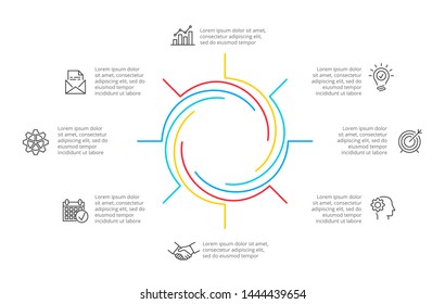 Cyclic lines infographic. Modern infographic design template with 8 options, steps or parts. Flat vector illustration for business presentation.