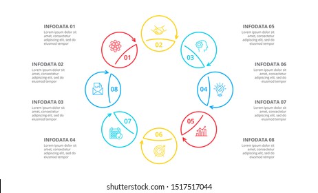 Cyclic lines infographic. Modern infographic design template with 8 options, steps or parts. Flat vector illustration for business presentation.