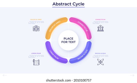 Cyclic pie chart divided into 4 sectors. Concept of four stages or features of financial cycle. Simple infographic design template. Modern flat vector illustration for business data visualization.