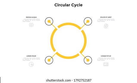 Cyclic Ring-like Chart With 4 Circular Elements. Concept Of Four Stages Of Closed Manufacturing Cycle. Flat Infographic Design Template. Simple Vector Illustration For Business Data Visualization.