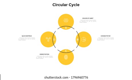 Cyclic ring-like diagram with 4 round elements. Concept of four stages of business development cycle. Modern flat infographic design template. Simple vector illustration for presentation, report.