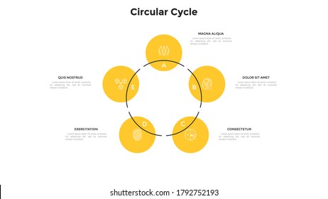 Diagrama cíclico tipo anillo con 5 elementos redondos. Concepto de cinco etapas del ciclo de desarrollo empresarial. Plantilla moderna de diseño de infografía plana. Ilustración vectorial simple para presentación, informe.