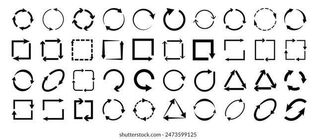 Cyclic rotation, recycling recurrence or renewal. Vector isolated set of flat icons with arrows. Symbol of progress or speed, turning or spinning pictogram. Exchange or swapping, synchronization