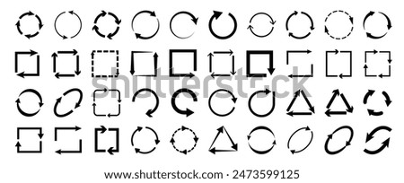 Cyclic rotation, recycling recurrence or renewal. Vector isolated set of flat icons with arrows. Symbol of progress or speed, turning or spinning pictogram. Exchange or swapping, synchronization