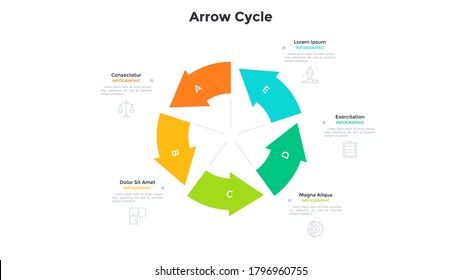 Gráfico circular cíclico con 5 flechas coloridas. Concepto de cinco etapas del ciclo de desarrollo de proyectos. Plantilla moderna de diseño de infografía plana. Ilustración vectorial simple para presentación, pancarta, informe.