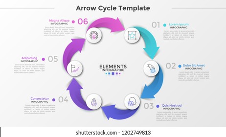 Cyclical chart with 6 paper white circles, thin line icons, numbers and text boxes connected by colorful arrows. Concept of production cycle process. Infographic design template. Vector illustration.