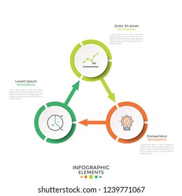 Cyclical diagram with 3 paper white round elements connected by arrows. Creative infographic design layout. Vector illustration in modern clean style for four-stepped business cycle visualization.