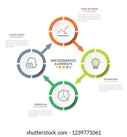 Cyclical diagram with 4 paper white round elements connected by arrows. Creative infographic design layout. Vector illustration in modern clean style for four-stepped business cycle visualization.