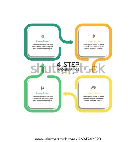 A cyclical infographic template showcasing a four-step process with interconnected green and yellow rounded square elements. Vector illustration.