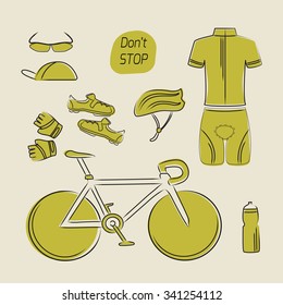 Cycling accessories and clothing collection set. Sketch vector illustration. Olive green on beige background.