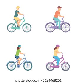 Ícones de atividade cíclica definem o vetor de desenho animado. Pessoas andando de bicicleta. Esporte de bicicleta, hobby