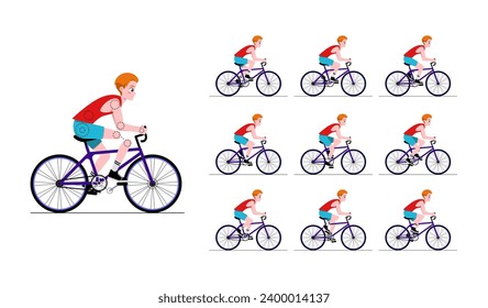 Cycling animation elements. Collection of sprites for animation frame by frame. Teenage boy rides bicycle and pedals. Design for game. Cartoon flat vector illustration set isolated on white background