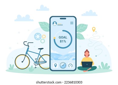 Cycling app vector illustration. Cartoon tiny woman using cycling app for training, riding bike for transportation to goal location, route on mobile map, time of trip data, navigation for cyclists
