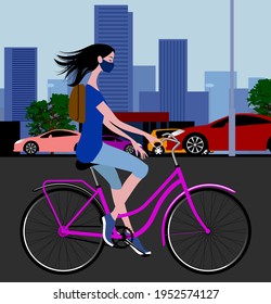 Cycling around the city. Young woman rides a bicycle. Vector illustration