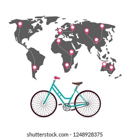 Cycling Around the World with Routes, Pins and World Map. Vector.