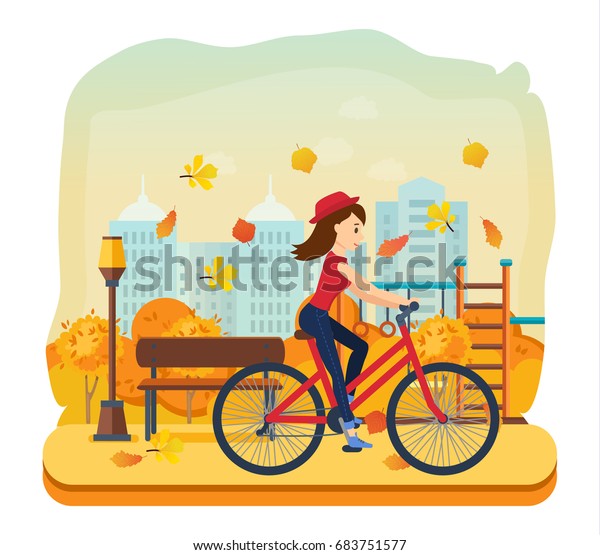 秋の自転車のアウトドアのコンセプト 若い女の子は秋の公園に乗り 家の外での遊び 晴れの良い天気に乗る カートーンのスタイルで描かれたベクターイラスト のベクター画像素材 ロイヤリティフリー