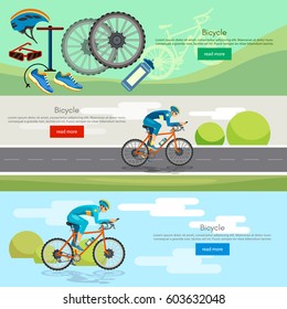 Cycling banner active lifestyle sport icon set bicycle riders vector. Sports cycle races concept 