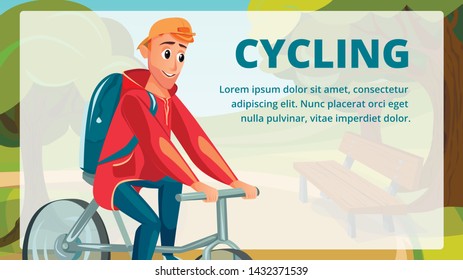 Cycling Banner. Cartoon Man Ride Bicycle Vector Illustration. Male Bicyclist. Active Leisure Healthy Lifestyle. Summer Travel. Sport Biking. Fitness Exercise. Family Activity Father Biking