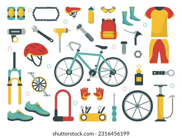 Cycling and Bicycle Tool Set Vector Illustration of a Mechanic Repairing Bicycles in a Workshop with Spare Parts in Flat Cartoon Hand Drawn Template