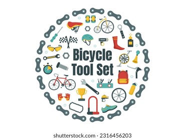 Cycling and Bicycle Tool Set Vector Illustration of a Mechanic Repairing Bicycles in a Workshop with Spare Parts in Flat Cartoon Hand Drawn Template