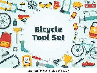 Cycling and Bicycle Tool Set Vector Illustration of a Mechanic Repairing Bicycles in a Workshop with Spare Parts in Flat Cartoon Hand Drawn Template
