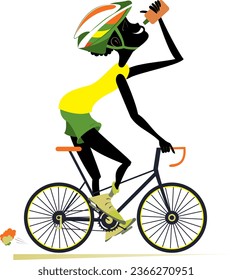 Cycling. Bicycle. Young African man drinking water.
Cartoon smiling African man in helmet riding a bike and drinking water
