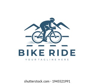 Cycling, bike ride, man on bike and mountains, logo design. Cyclist, bike cyclist, bicycle, cycle or velocipede, vector design and illustration