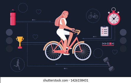 Cycling or biking infographic design template. Girl riding a bike in sportswear on dark background. Fitness and sports statistics with icons. Flat cartoon vector illustration.