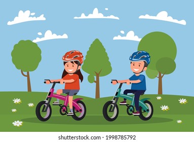 Cycling. Boy and girl go for a drive on bicycles on meadow. Vector illustration of a flat design