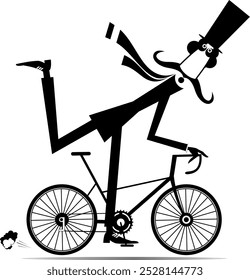 Cycling. Cartoon man in the top hat rides a bike. 
Long mustache man in the top hat rides a bike. Black on white illustration
