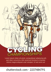 campeonato de ciclismo. afiche del evento en bicicleta de carretera. dibujo áspero. ilustración vectorial