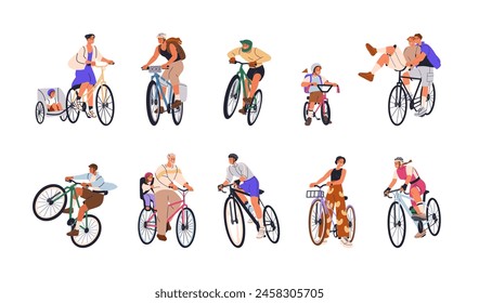 Cycling characters set. Happy people riding bicycles. Active cyclists on bikes. Men, women, kids enjoying summer sports activity, pedaling. Flat vector illustration isolated on white background