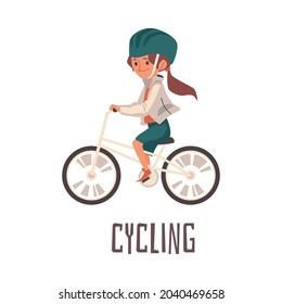 Cycling children sport activity card or banner design with little girl cartoon character riding a bike, flat vector illustration isolated on white background.