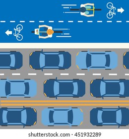 Cycling in the city. Bike Lane. Traffic jam.