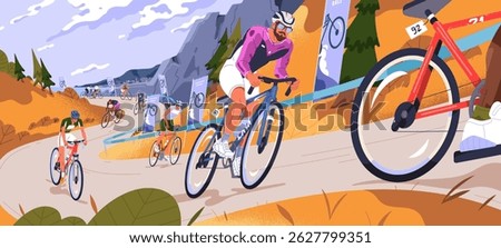 Cycling competition on road bicycles in mountain landscape. Bike race on track outdoors in autumn. Cyclists are on Tour de France, bicyclists ride on sports contests. Flat vector illustration