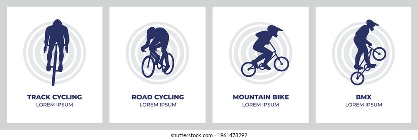 Cycling competitions layout templates set. Road cycling, track cycling, mountain biking and BMX sportsmen silhouettes with a background. Minimal banners design. Flat style vector illustrations.