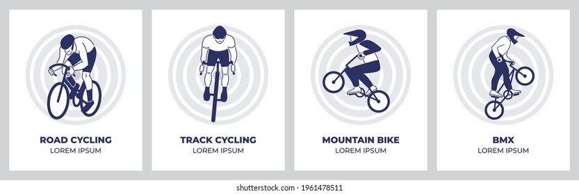 Cycling competitions templates set. Track cycling, road cycling, mountain biking and BMX line sportsmen characters with a geometrical background. Minimal posters design. Flat style vector illustration
