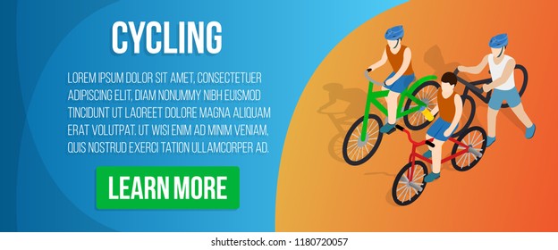 Cycling concept banner. Isometric banner of cycling vector concept for web, giftcard and postcard