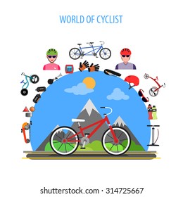 Cycling concept with bike and bicycle sport flat icons set vector illustration