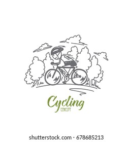 Cycling concept. Hand drawn man cycling road bike. Cyclist moving on bike isolated vector illustration.