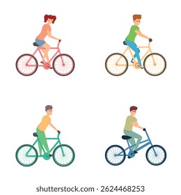 Cycling concept icons set cartoon vector. People taking bicycle ride. Bicycle sport, hobby