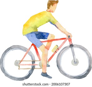 Cycling in the country, a cyclist in a yellow jersey, side view. Vectorized Watercolor illustration