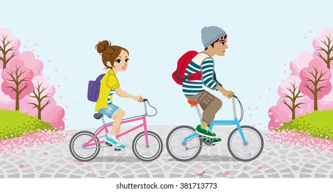 Cycling Couple among the full bloom Cherry trees - EPS10